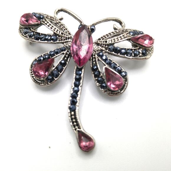 Dragonfly Pink Rhinestone Brooch, Gray Metallic Rhinestones, 1990s Vintage - Picture 7 of 10